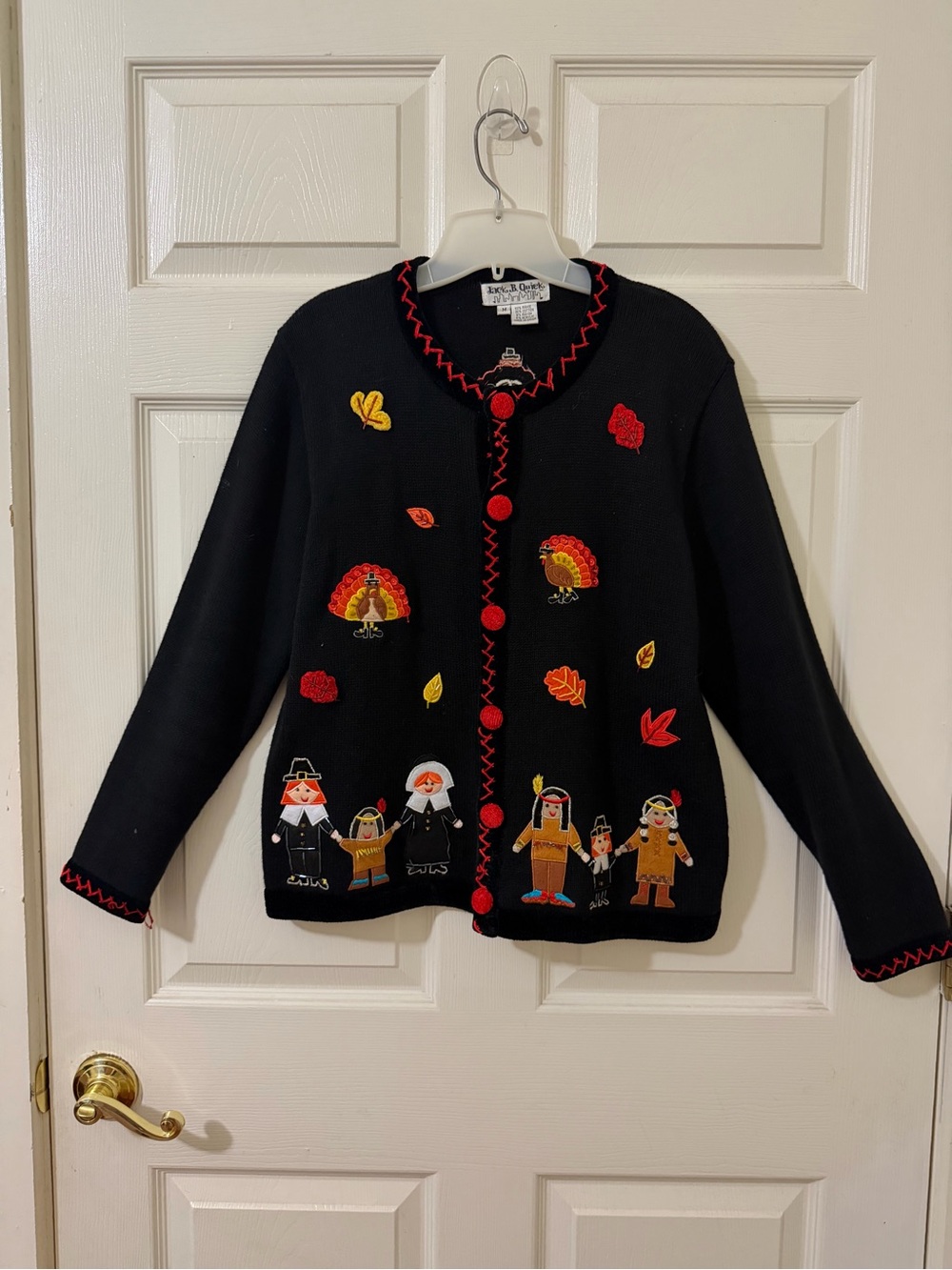 Vintage Jack B Quick Thanksgiving Cardigan Sweater Pilgrims Turkeys Beaded M